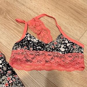Floral Lace Trim Dance Set - Coral and Black